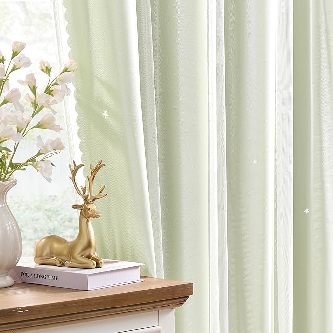 XiDi Star Blackout Sage Green Curtains for Nursery Kid Girls Bedroom Living Room 2 Panels Double Layer Thermal Insulated Star Cut Out Wall Home Decor Grommet Short Window Curtains Kitchen 34x45