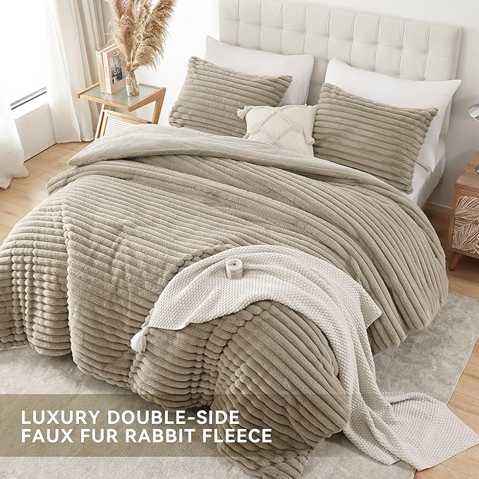 Smoofy Fluffy Twin Comforter Sets 2 Pieces - Linen Fleece Fluffy Comforter Set, Luxury Fuzzy Twin Bedding Set, Soft Warm Comforter All Season, Heavy Faux Fur Comforter with Pillow Cases