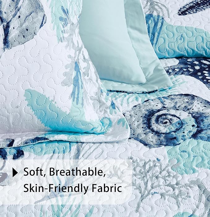 Tritard 3 Piece Coastal Quilt Sets King Size Nautical Reversible Lightweight Bedspread Coverlet with 2 Shams Blue Starfish Conch Beach Microfiber Bedding Quilt Set for All Season, 106''x96''