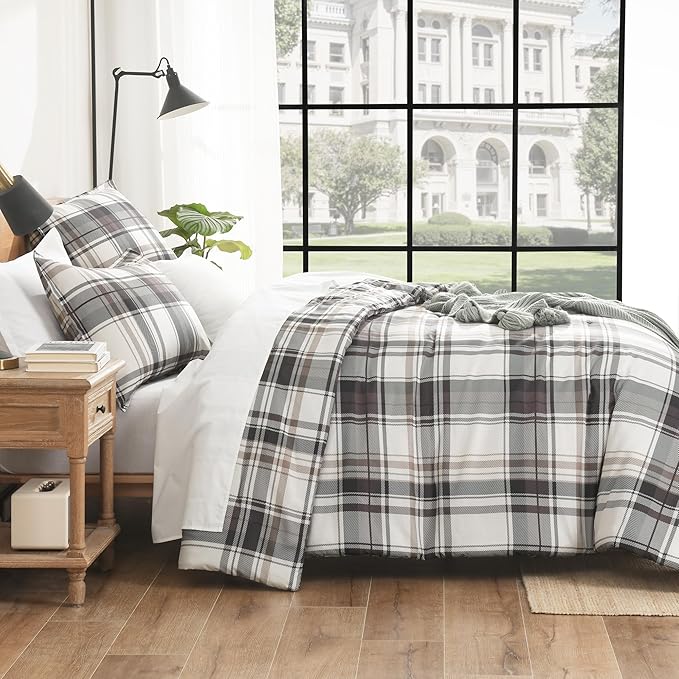 Andency Gray Brown Black Plaid Comforter Set Queen(90x90Inch), 3 Pieces Grid Gingham Stripes Bedding Comforter Sets for Boys Girls Kids Teens, Preppy Geometric Line Soft Lightweight Reversible Bed Set