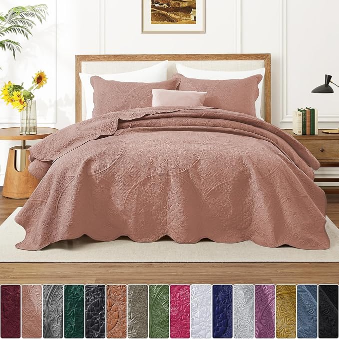 MOONLIGHT20015 Twin Quilt Bedding Set Size (66" x 86 ") + 1 Pillow Shams (20" x 26" + 2") - 2 Pcs All Season Lightweight Reversible Microfiber Coverlet Floral Embossed Quilt Bedspread (Peach)