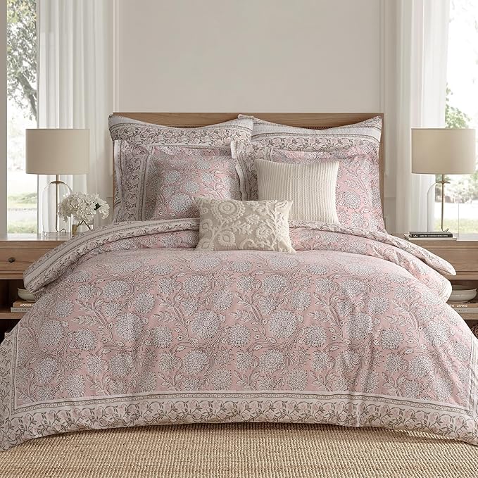 Levtex Home Adare Blush Reversible King Duvet Cover Set (106x94in) with 2 Pillow Shams (36x20in) - Floral Bedding - Blush and White - Cotton King Size Duvet Cover Set - Soft, Pre-Washed
