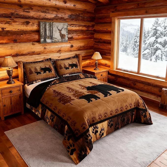 Bear Comforter Set Full Size Farmhouse Wild Animal Retro Family Bedding for Kids Boys Girls Brown Paws Duvet Rustic Bedroom Decor Quilted Set 3Pcs
