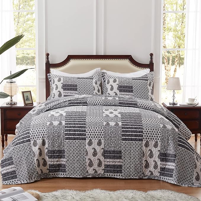 LEAONME Quilt Set Full/Queen Size 3 Piece Bedspread Coverlet Lightweight Comforter Microfiber Bedding Set for All Season Oversized 90x98 Inch Bed Cover Floral Paisley Gray(1 Quilt,2 Pillow Shams)
