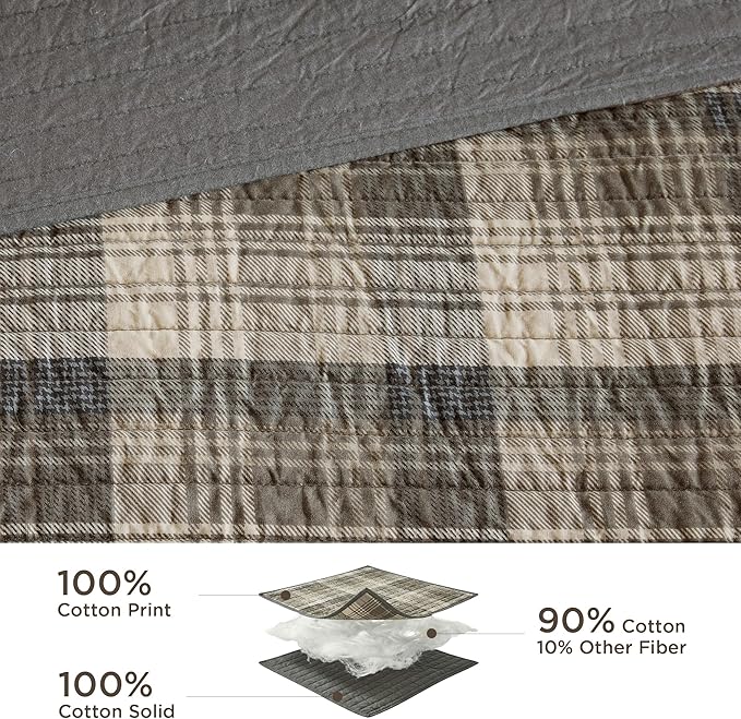 Woolrich Reversible Quilt Cabin Lifestyle Design - All Season, Breathable Coverlet Bedspread Bedding Set, Matching Shams, Oversized King/Cal King, Tasha Plaid Tan/Brown 3 Piece