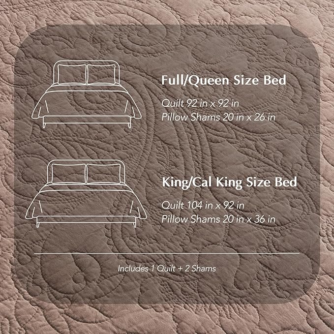 EVERGRACE 100% Cotton Paisley Quilt Set, King Size 3 Piece Set – Prewashed Lightweight Bedspread with 2 Shams, Soft Matelasse Coverlet for All-Season, Dusty Brick (Red Undertones)