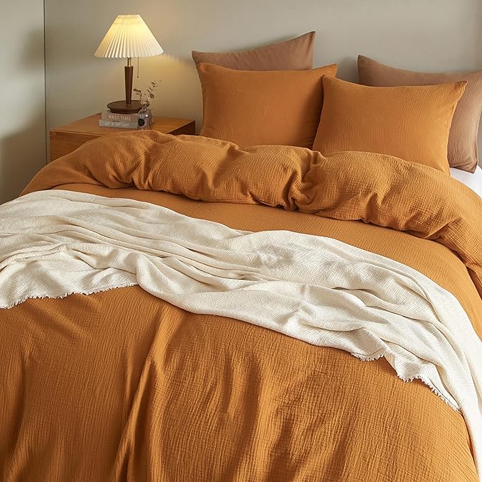 SE SOFTEXLY Muslin Duvet Cover Queen Size, 100% Washed Cotton Duvet Cover Set, Ultra Soft Comforter Cover Linen Like, 3 Pieces Minimalist Gauze Duvet Cover with 2 Pillowcases, 90"x90", Pumpkin
