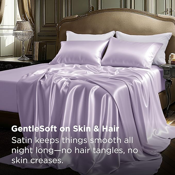 Bedsure Satin Sheets Full Size - 4 Piece Silky Bedsheets with 15 Inches Deep Pocket Fitted Bedsheet,1 Flat Sheet, 2 Satin Pillowcases, Good for Hair & Skin (Full, Lavender)
