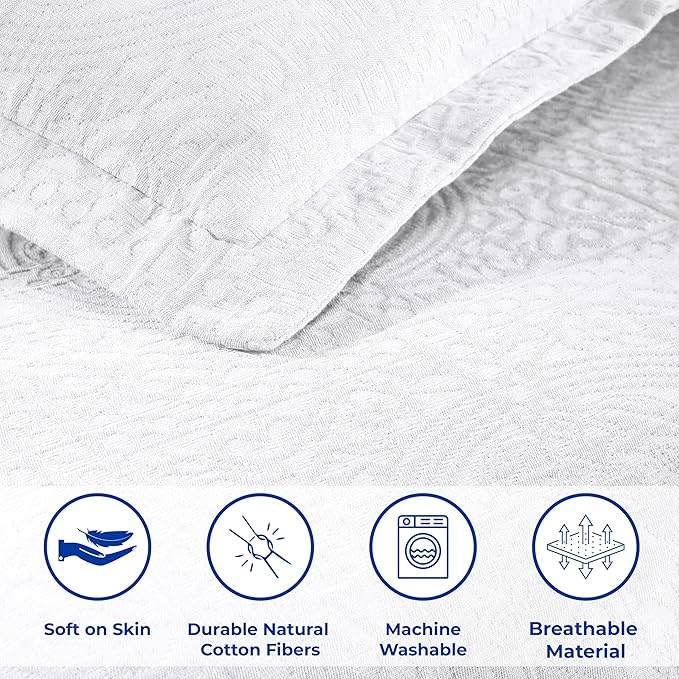 Superior Cotton Fleur De Lis Bedspread Set, Warm Blankets, All-Season Bedding, Bedroom Decor, Decorative Boho Medallion Coverlet, Includes 1 Bedspread, 2 Pillow Shams, Queen, White
