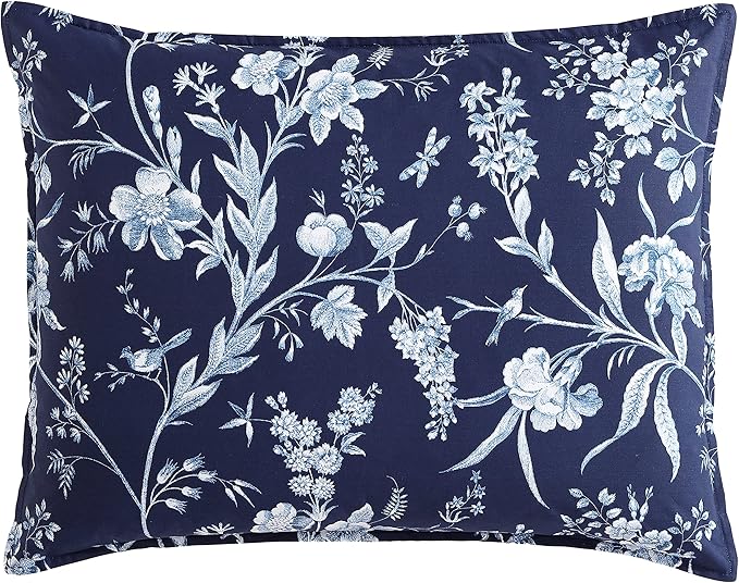 Laura Ashley- King Comforter Set, Cotton Reversible Bedding Set, Includes Matching Shams with Bonus Euro Shams & Throw Pillow Covers (Branch Toile Blue, King)