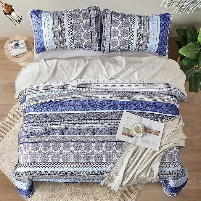 WONGS BEDDING Boho Quilt Set King Size, Blue Bohemian 3 Pieces Quilt Sets, Lightweight Bedspread Coverlet Bedding Set for All Season (103"x90")