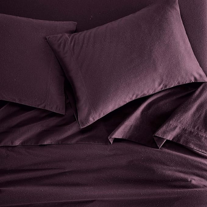 Superior Flannel Cotton Bed Sheet Set, Includes Flat Sheet, Fitted Sheet, Two Pillowcases (Twin Sizes Include One Pillowcase), Breathable, Modern Solid Classic - Split King, Purple