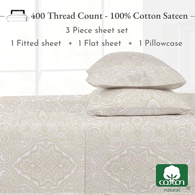 California Design Den Printed Twin XL Sheet Sets - 400 Thread Count Sateen, Natural 100% Cotton Sheets, Deep Pockets, and Durable Bedding Set - Paisley Pattern, Beige