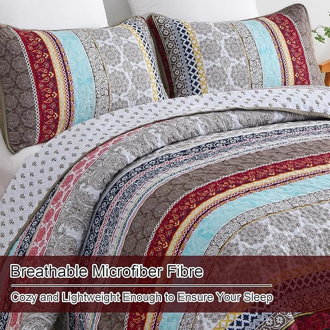 WONGS BEDDING Boho Quilt Set Queen Size, Brown Bohemian 3 Pieces Quilt Bedding Sets, Lightweight Microfiber Bedspread Coverlet Set for All Season (96"x90")
