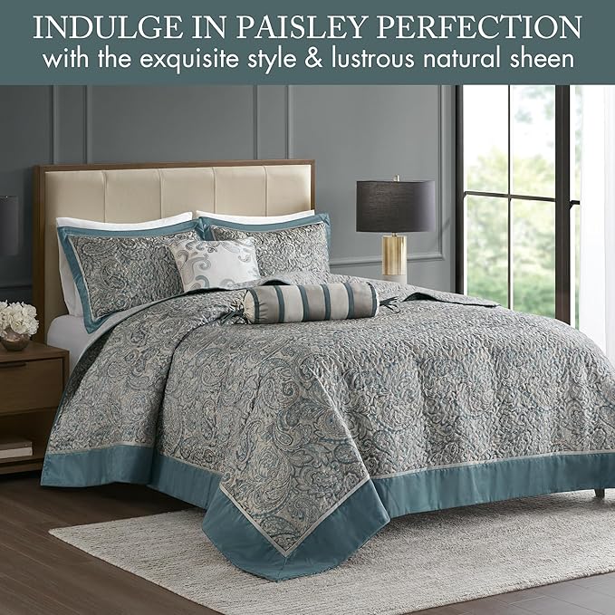 Madison Park Aubrey Reversible Quilted Bedspread Set, Solid Reverse Summer Breathable, Lightweight All Season Bedding Layer, Matching Shams, Bedspread King(120"x118") Teal 5 Piece
