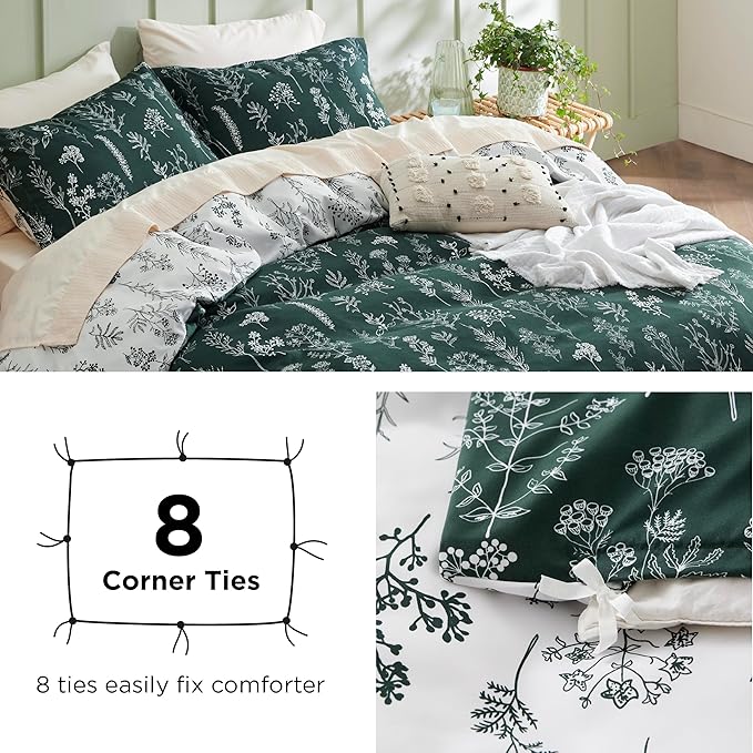 Bedsure Duvet Cover Queen Size - Reversible Emerald Green Queen Duvet Cover Set with Zipper Closure, 3 Pieces Floral Patterned Bedding Set with 8 Corner Ties and 2 Pillow Shams