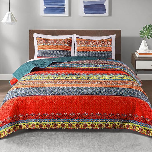 Exclusivo Mezcla Reversible Boho Quilts Queen Size, Blue Bedspreads Lightweight Coverlet All Season Bohemian Quilt Bedding Set with Printed Floral Pattern (1 Quilt, 2 Pillow Shams)