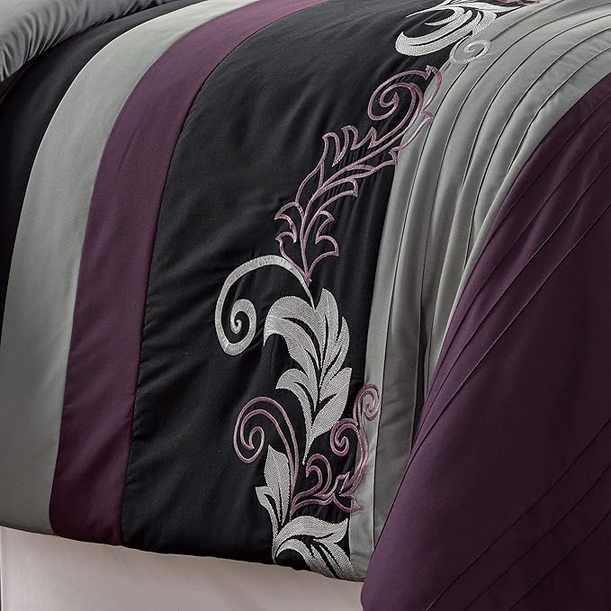 Chezmoi Collection Napa 7-Piece Luxury Leaves Scroll Embroidery Bedding Comforter Set (Full, Purple/Black/Gray)