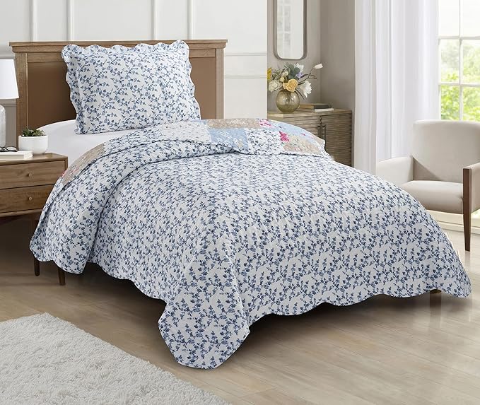 Brilliant Sunshine Pink and Blue Roses Toile Quilt Set, 2-Piece Bedding Sets, Lively Patchwork Design, Washable, Reversible Bedspread, Soft Lightweight Coverlet, All-Season, Twin/Twin XL, Blue Natural