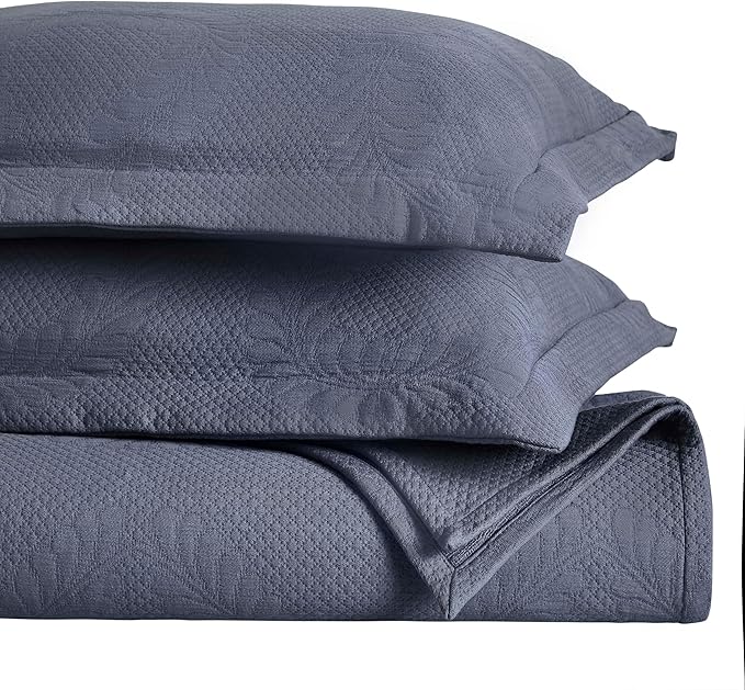 Superior 3 Piece Cotton Bedspread Set, Home Bed Decor, Decorative Bed Spread, 2 Pillow Shams, Medium Weight Blanket, Matelasse Coverlet, Bedding Essentials, Peploi Collection, Full, Denim Blue