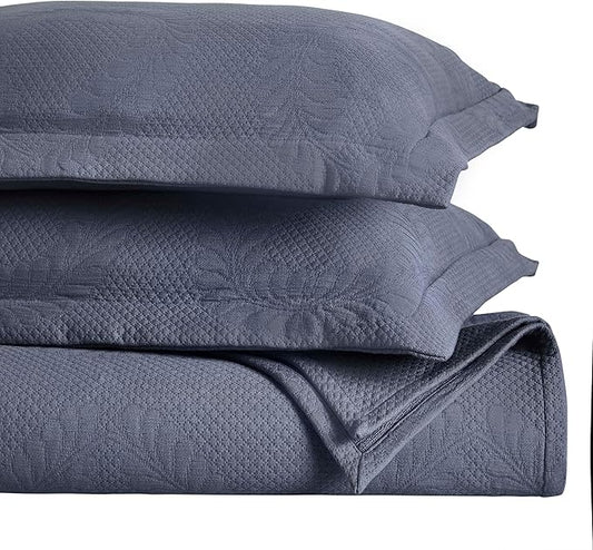 Superior 3 Piece Cotton Bedspread Set, Home Bed Decor, Decorative Bed Spread, 2 Pillow Shams, Medium Weight Blanket, Matelasse Coverlet, Bedding Essentials, Peploi Collection, Full, Denim Blue