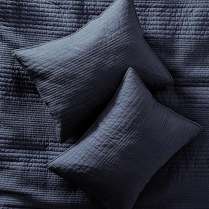palassio Striped Navy Blue 100% Cotton Quilt Twin Size Bedding Sets, Lightweight Crinkly Channel Pick Stitch Textured Bedspread Soft Shabby Chic Farmhouse Country Coverlet for All Season, 1 Sham