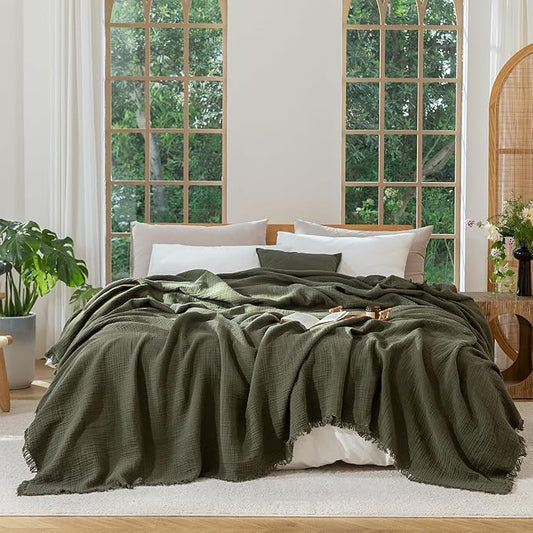 MooMee Muslin Blanket - 100% Cotton 4-Layer Gauze Throw Blanket with Tassels Ultra-Soft Breathable Lightweight Cooling for Bed Couch (Olive Green,Oversizedd Queen 98" x 98")