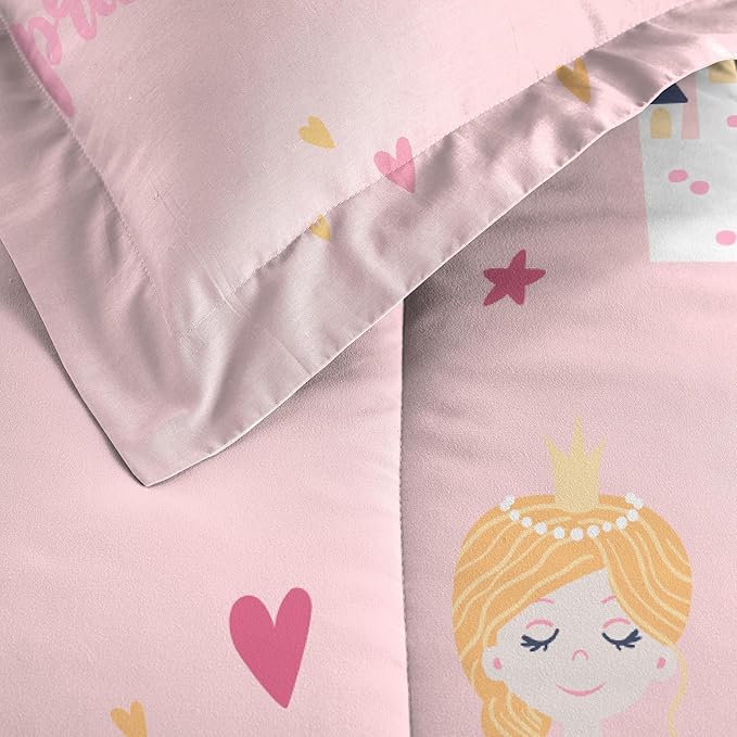 Dream Factory Kids 5-Piece Complete Bed Set Easy-Wash Super Soft Microfiber Comforter Bedding, Twin, Pink Little Princess