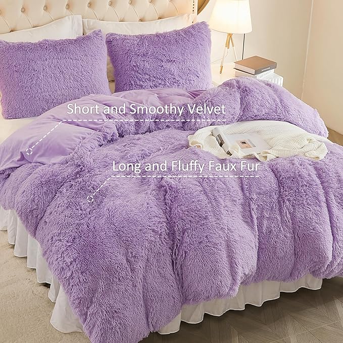 EMME Luxury Purple Fuzzy Duvet Cover Set King Size 3 Pieces Fluffy Comforter Cover Set for King Bed Shaggy and Plush Soft Bedding Duvet Covers (Purple, King)
