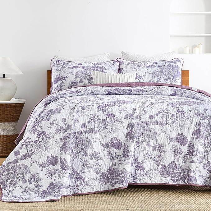 WONGS BEDDING Botanical Quilt Set King Size, Purple 3 Pieces Toile Floral Plants Printed Bedspread Bedding Set Soft Lightweight Microfiber Coverlet Set for All Season (104"x90")