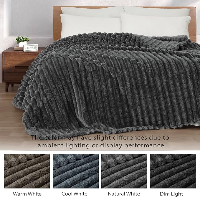 Exclusivo Mezcla King Size Flannel Fleece Blanket, Super Soft Striped Jacquard Bed Blanket, Lightweight Fuzzy Cozy for All Seasons, 90x104 Inches, Dark Grey