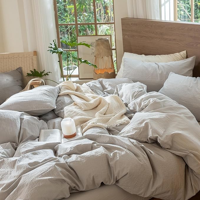 MooMee Wavy Striped Duvet Cover Set 100% Washed Cotton Linen Like Textured Breathable Durable Soft Comfy (Light Grey, Cal King 104"x98")