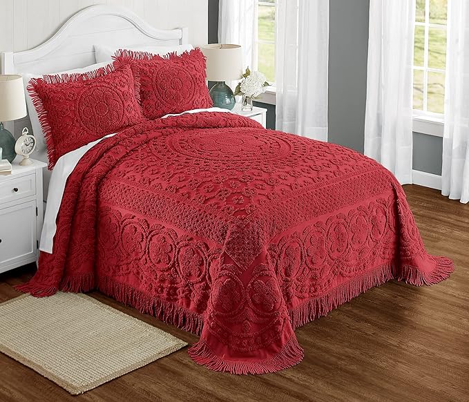 Montgomery Ward Emily Floral Chenille Bedspread, Soft Cotton Comforter, King Size Quilt in Red - Luxury Hotel Bedding, King Bedspread (Red, King)
