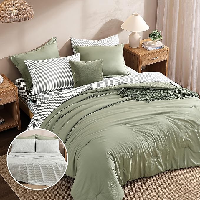 Monbix Full Size Comforter Set - 7 Pieces Green Prewashed Bed in a Bag Full Bedding Sets with Comforters, All Seasons Ultra Soft Comforter Bed Set with Sheets,Pillowcases & Shams
