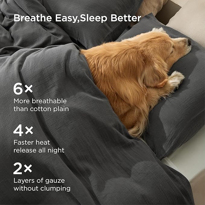 Bedsure Muslin Duvet Cover Queen Size - Cotton Blend Rayon Derived from Bamboo, Cooling Duvet Covet for Hot Sleepers - Ultra-Soft & Breathable Bedding Set for All Seasons(Dark Grey, 90"x90")