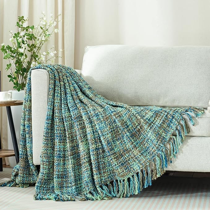 Multi-Color Green Cable Knitted Throw Blanket for Couch,60"X80" Boho Style Textured Blankets for Home Decor,Super Soft Warm Cozy Chunky Knit Blanket with Decorative Tassels for Bed and Sofa