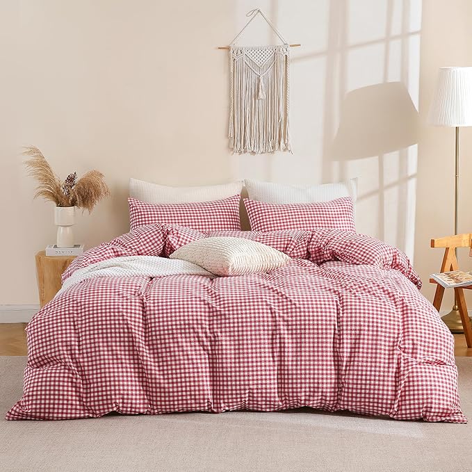 TOCOMOA Red Gingham Duvet Cover Bedding Set 100% Washed Cotton Like Linen Feel Super Soft Comfortable 3 Piece Cute Plaid Checkered Comforter Cover Set (King 104"x90", Comforter Not Included)