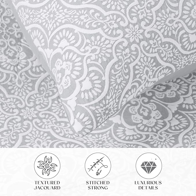 Superior 3 Piece Bedspread Set, Home Bed Decor, Decorative Bed Spread, 2 Pillow Shams, Medium Weight Blanket, Floral Matelasse Coverlet, Bedding Essentials, Enzy Collection, Full, Silver