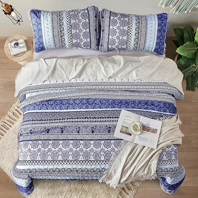 WONGS BEDDING Boho Quilt Set Full Size, Blue Bohemian 3 Pieces Quilt Sets, Lightweight Bedspread Coverlet Bedding Set for All Season (78"x90")