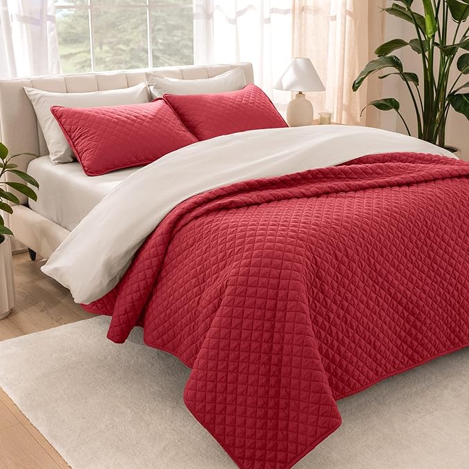 Bare Home Coverlet Set - King Size - Lightweight Bed Decor - Comforter Alternative - All-Season Quilted Bedspread (King, Red)