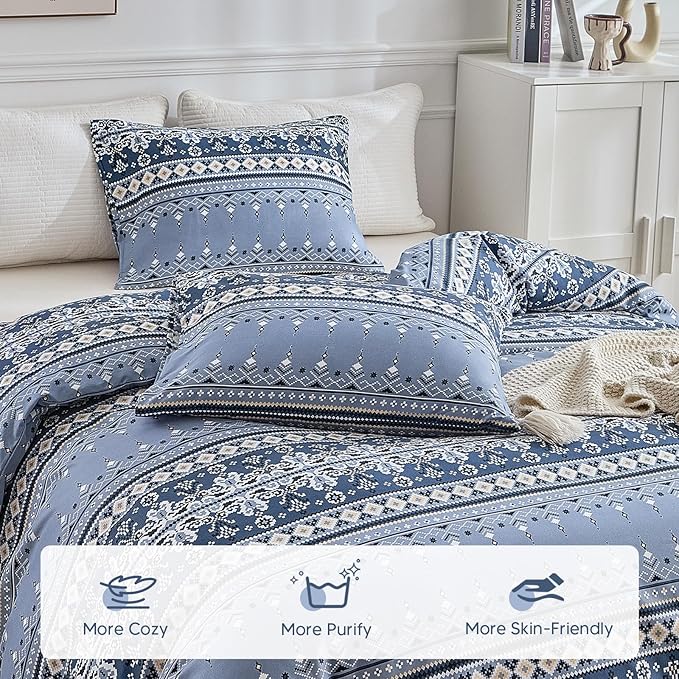 Lekesky Boho Duvet Cover King Size, Blue Comforter Cover King Size White Geometric Floral Printed Duvet Set, 3 Pieces Soft Microfiber Bedding Set with Zipper Ties (King, 104"x90")