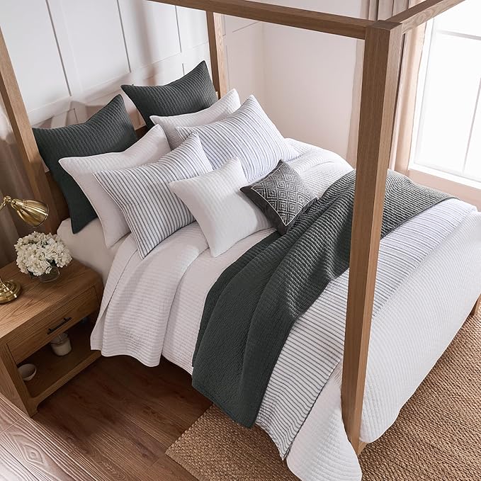 Levtex Home Cross Stitch Reversible King/Cal King Quilt Set (106x92in) and 2 Pillow Shams (36x20in) - Stitch Texture - Bright White - Cotton King Size Quilt Bedding Set - Lightweight Soft Pre-Washed