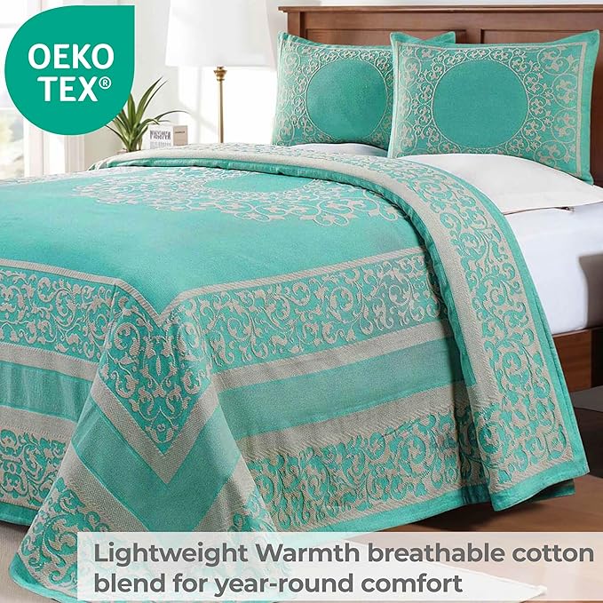 Superior Cotton Blend Bedspread Set, Includes Oversized Bedspread and 2 Matching Pillow Shams, Light Weight Blanket, Bedding Decor, Jacquard Vintage Floral Mandala, Lyron Collection - Twin, Turquoise