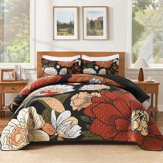 Andency Floral Boho Queen Quilt Bedding Set Black, 3 Pieces Farmhouse Flower Botanical Summer Bedspreads with 2 Shams, Soft Reversible Lightweight Microfiber Coverlet Set for All Season, 90"x96"
