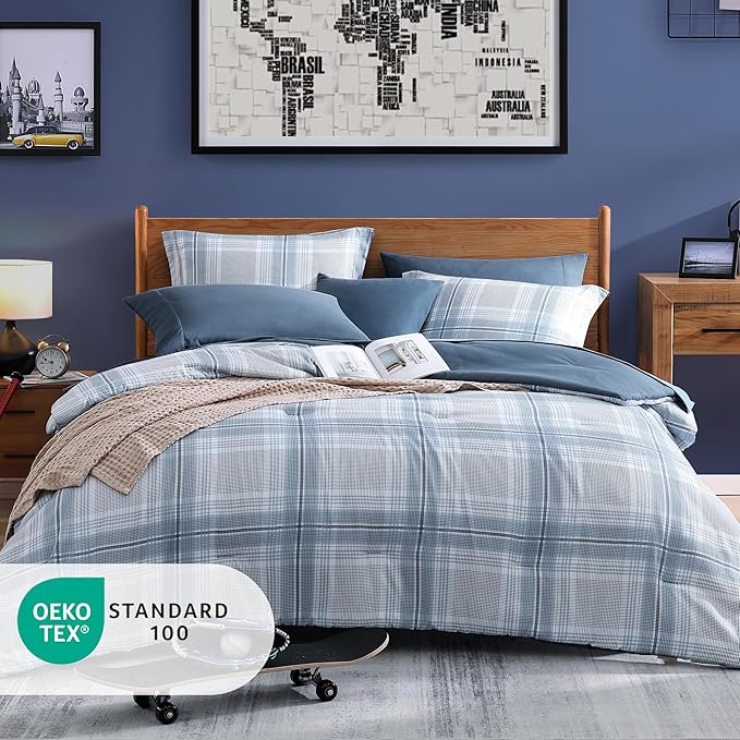 Full Size Comforter Sets, Light Blue Plaid Bedding Set 7 Piece for Boys Girls Teen, Classic Homestead-Style Kids Comforter Set Bed in A Bag with Sheets, Pillowcases & Shams