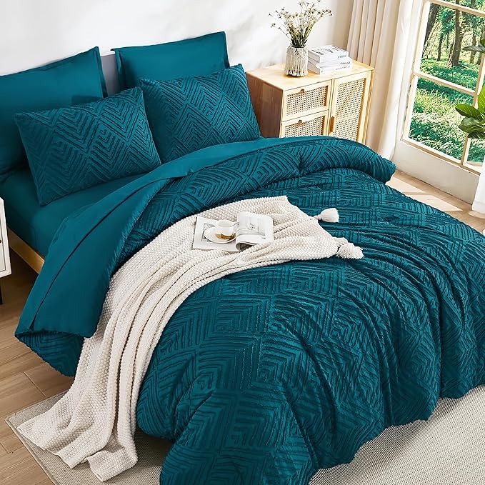 Andency Oversized Queen Comforter Set 7 Piece Teal - Bed in a Bag Oversized Queen Boho Lightweight Fluffy Tufted Bedding Sets with Comforter, Sheets, Pillowcases & Shams