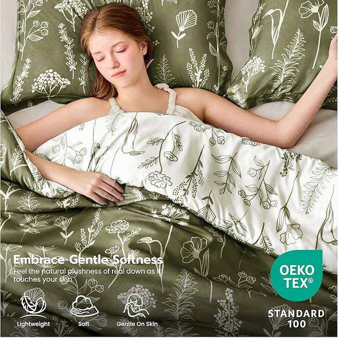 Joiedomi Queen Comforter Set Olive Green, 3 Pieces Floral Queen Bedding Set with 1 Soft Reversible Botanical Comforter and 2 Pillow Shams, Bed in a Bag for All Seasons