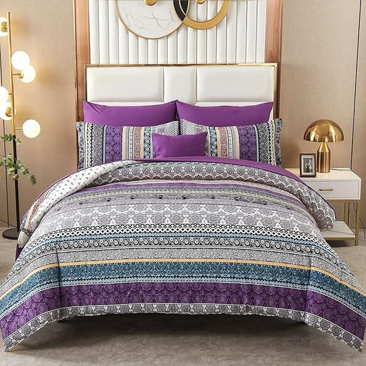 Boho Comforter Set California King Size,8 Piece Bed in a Bag Bohemian Striped Bedding Quilt Set,Purple Paisley Floral Comforter and Sheet Set,Soft Microfiber Complete Bedding Sets for All Season