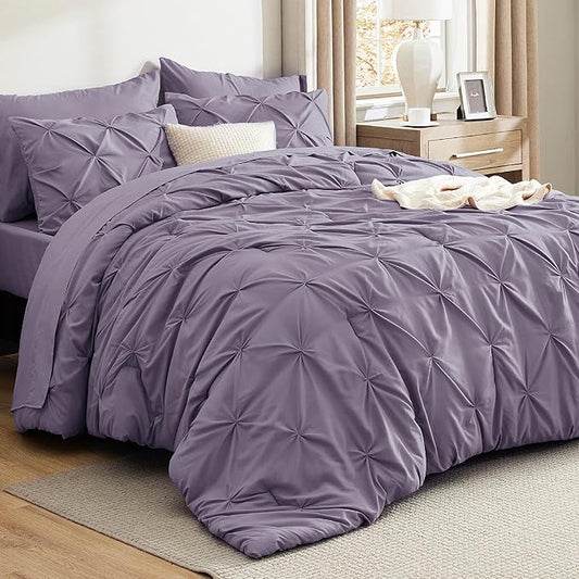 Bedsure California King Comforter Set - Bed in a Bag Cal King Bedding Set 7 PCS, GentleSoft™ Pintuck Bed Set Gift for Family, Pinch Pleat Purple Comforter with Sheets, Pillowcases & Shams
