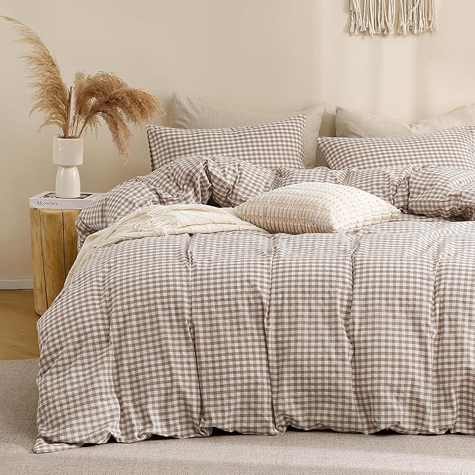 TOCOMOA Tan Gingham Duvet Cover Bedding Set 100% Washed Cotton Like Linen Feel Super Soft Comfy 3 Piece Brown Plaid Checkered Comforter Cover Set (Oversized King 120"x98", Comforter Not Included)
